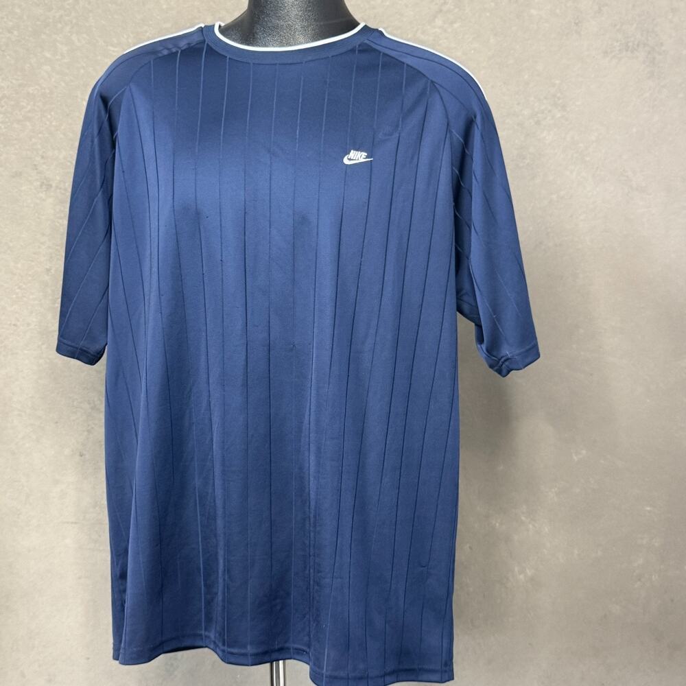 Y2K Nike Navy Ribbed Pinstripe Crew Shirt Mens XXL White Trim Swoosh